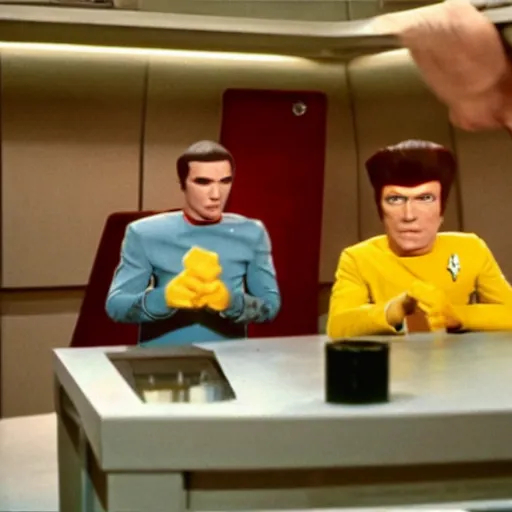 Prompt: anthropomorphic French Fries fighting star trek engineers, still from star trek