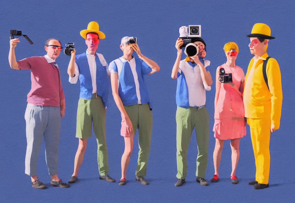 Prompt: full body portrait of a trio of european tourists with nikon cameras, various poses shooting photos, character designs painting, in the style of wes anderson, rene magritte, lola dupre, david hockney, isolated on white background, dark monochrome neon spraypaint accents volumetric octane render