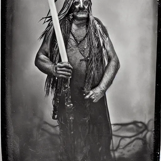 Image similar to tintype photograph of a neo-futuristic shaman. Holding a glowing staff, he has three eyes.