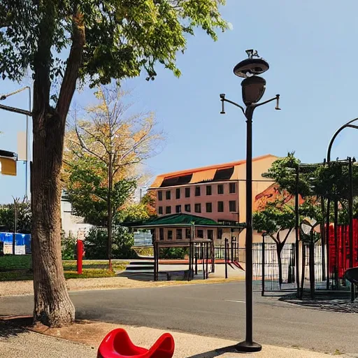 Image similar to “a street corner with a childrens playground and a building across the street”