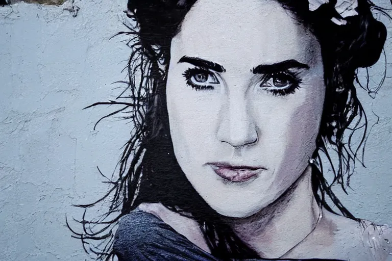 Image similar to Street-art portrait of Jennifer Connelly (1990), in style of Seaty