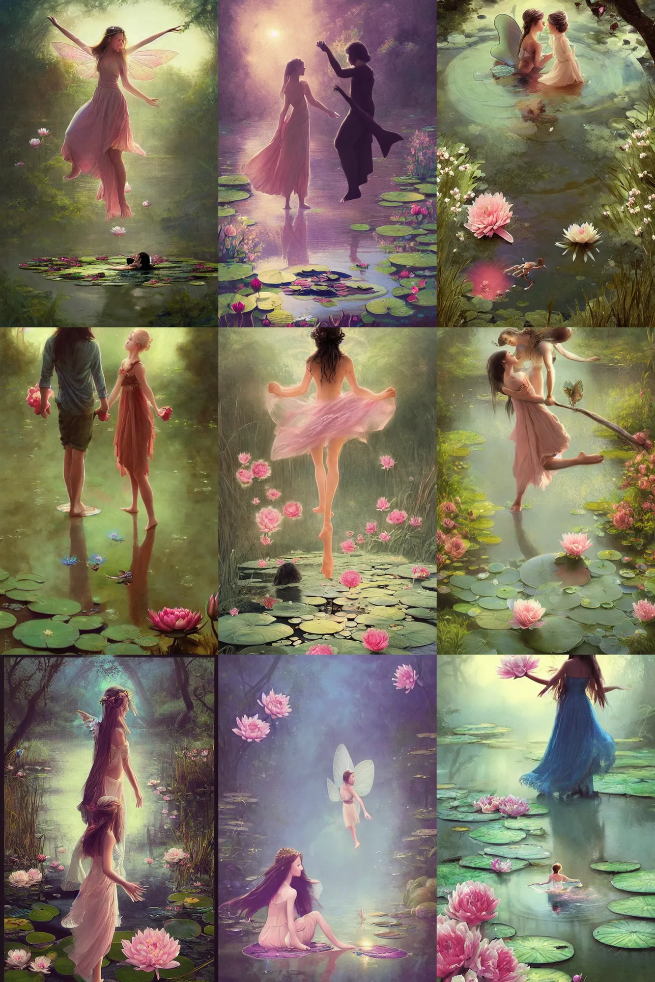 Prompt: a fairy cinematic boy girl traditional romance moment of a friends lily pad pond standing on a lily pad, wearing boho clothing and peonies, silhouette, Minimal Movie Posters, fantasy magic, art masterpiece by Greg Rutkowski, Gaston Bussiere, craig mullins, #wip #illustration #illustradraw #illustrator #vector #colors #colorschemes