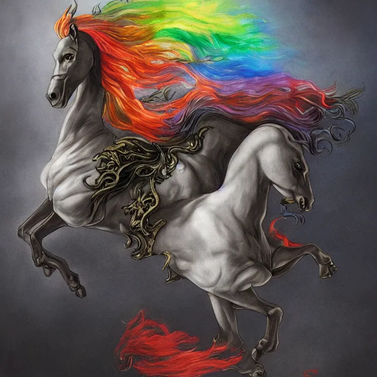 Image similar to fantasy portrait of a rainbow demon riding a black horse