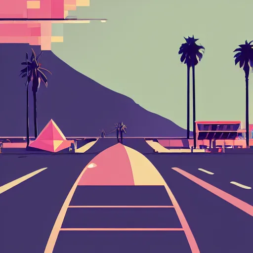 Prompt: a beautiful illustration of palm springs airport by James gilleard, artstation HD, geometric lines, HD, 4k, 8k