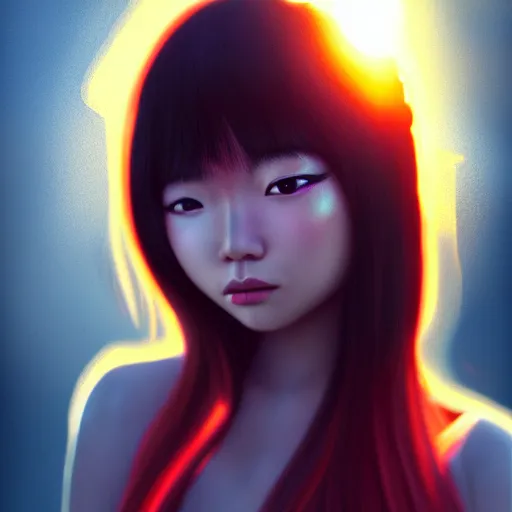 Prompt: a Photorealistic dramatic hyperrealistic bright eyes, Asian girl, beautiful hair, by Sam yang, samdoesart, Beautiful dynamic dramatic bright sunset lighting,shadows,cinematic atmosphere,Artstation,concept design art, digital painting, 8k