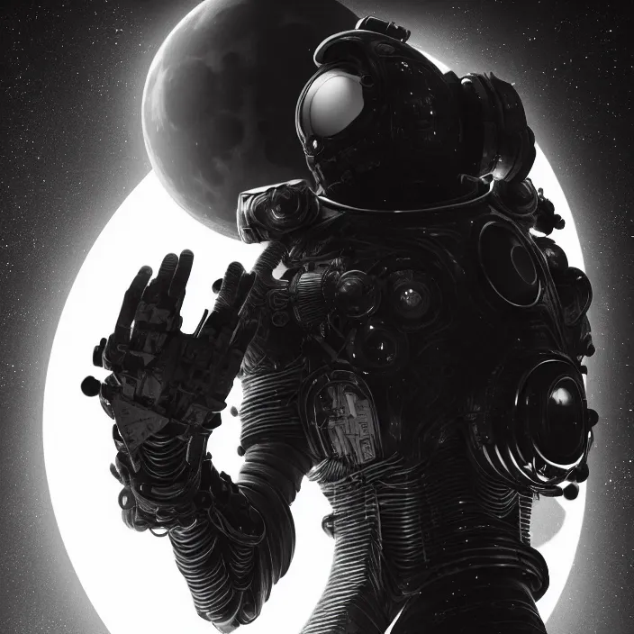 Prompt: a vertical portrait of a character in an spaceship, moon behind, by nihei tsutomu, black and white, dreamy, steampunk bioarmor, highly detailed, 3 d render, vray, octane, realistic lighting