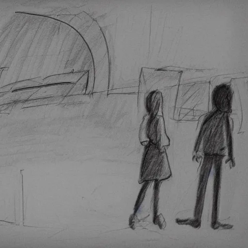 Image similar to a rough pencil sketch of two people watching their city get bombed