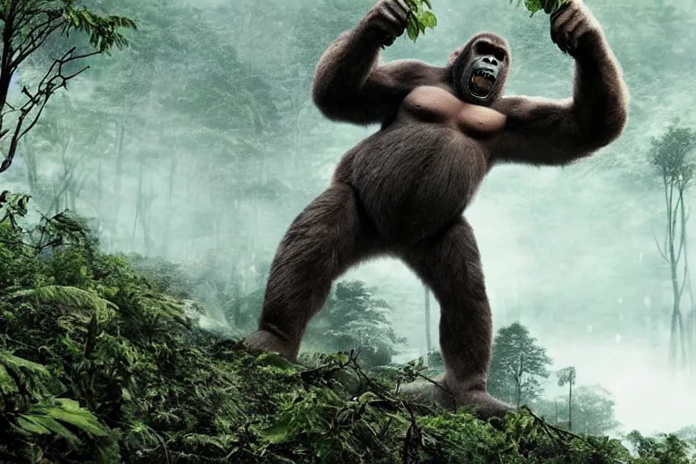 Image similar to king kong in a forest knocking down trees