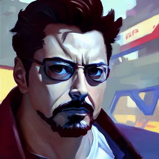 Image similar to greg manchess portrait painting of tony stark as overwatch character, totally whack, medium shot, asymmetrical, profile picture, organic painting, sunny day, matte painting, bold shapes, hard edges, street art, trending on artstation, by huang guangjian and gil elvgren and sachin teng