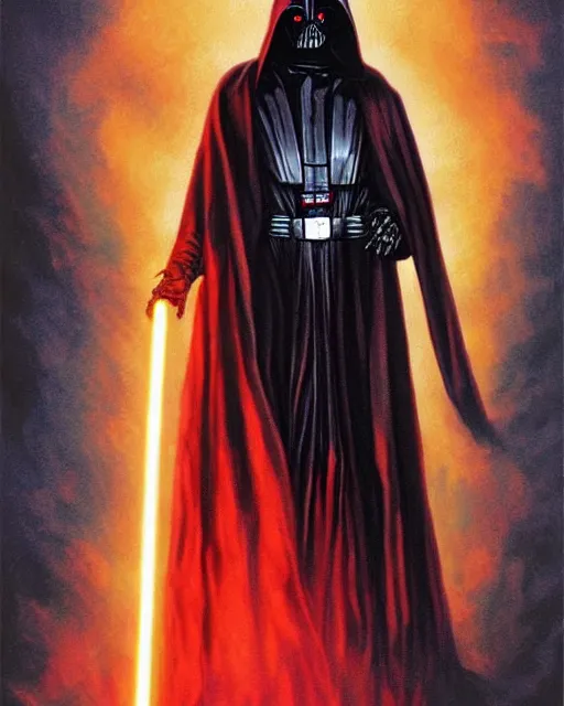 Prompt: hooded sith lord skeletal figure with fiery angry red eyes, airbrush, drew struzan illustration art, key art, movie poster