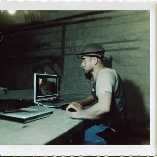 Prompt: a polaroid photo of man using a laptop inside in warehouse, he sitting on chair and small table, he's wearing blue cloth and construction hat, behind him is a very scary monster watching him work, photo from behind, highly details, perfect face shape, cinematic lighting,