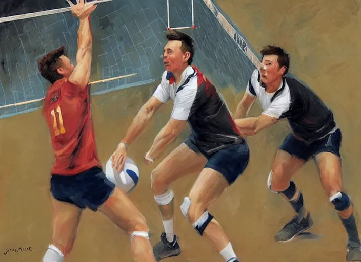 Image similar to a highly detailed beautiful portrait of elon musk playing voleyball, by gregory manchess, james gurney, james jean