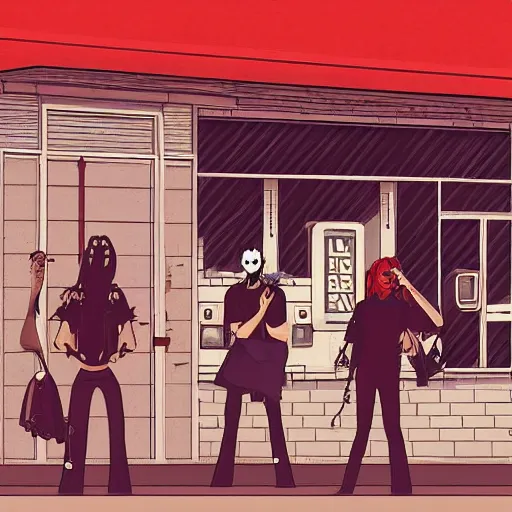 Image similar to “ group of goth punks smoking cigarettes sitting on car at an abandoned 7 - eleven convenience store, apocalyptic, photorealism, cel shading ”