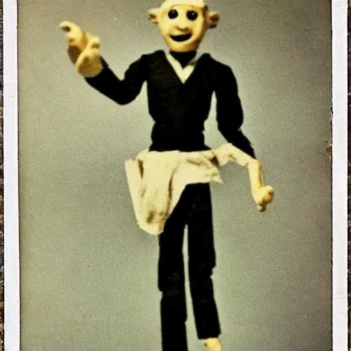 Image similar to 1 9 5 0 s, creepy marionette puppet jumping towards viewer, horror, lost photograph, forgotten, polaroid,