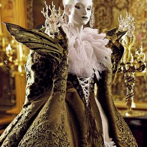 Image similar to fashion design inpired by fairy tale, for dragon queen, designed by alexander mcqueen, rococo