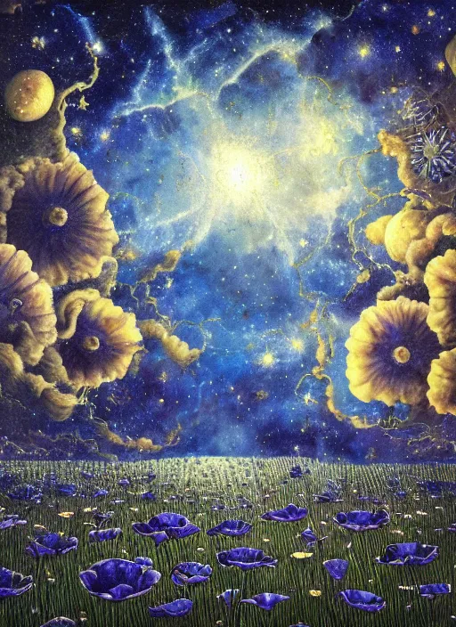 Image similar to detailed, intricate blue black and purple papaverum flower on the field, nebula, galaxy in the sky, winning award masterpiece, fantastically beautiful, illustration, aestheticly inspired, jacek yerka, upscale with anguissola sofonisba work, artstation, 8 k