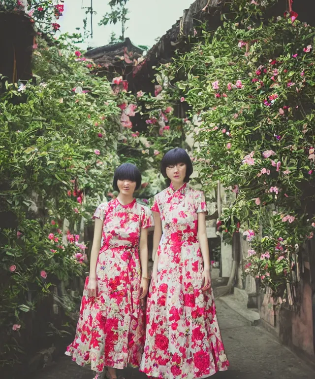 Prompt: color photography of two women in floral dress in taiwan