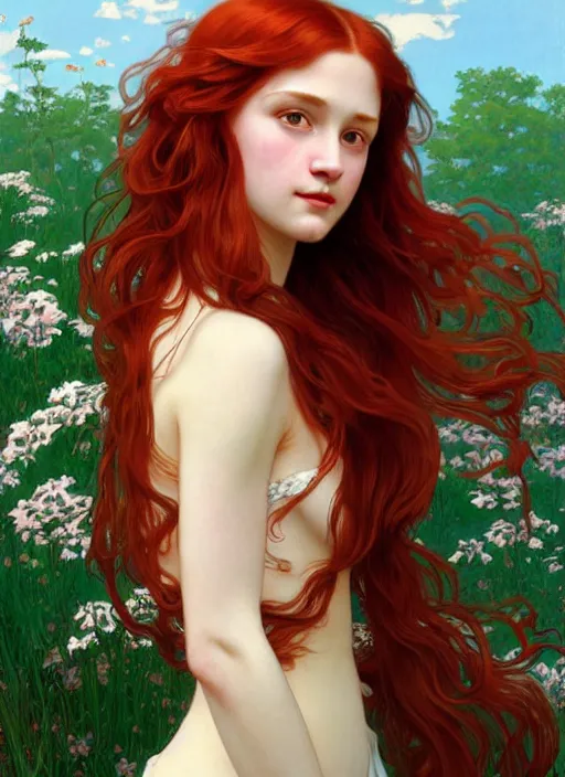 Image similar to pretty young woman resembling alicia vikander with long red hair, half body shot, path traced, highly detailed, high quality, digital painting, by studio ghibli and alphonse mucha, leesha hannigan, hidari, art nouveau, chiho aoshima, jules bastien - lepage