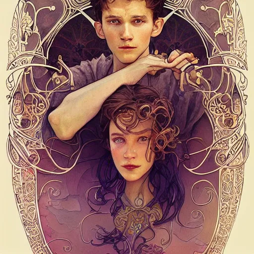 Image similar to tom holland, highly detailed, very intricate, art nouveau, gold filigree, romantic storybook fantasy, soft cinematic lighting, award winning, disney concept art watercolor illustration by mandy jurgens and alphonse mucha and alena aenami, pastel color palette, featured on artstation