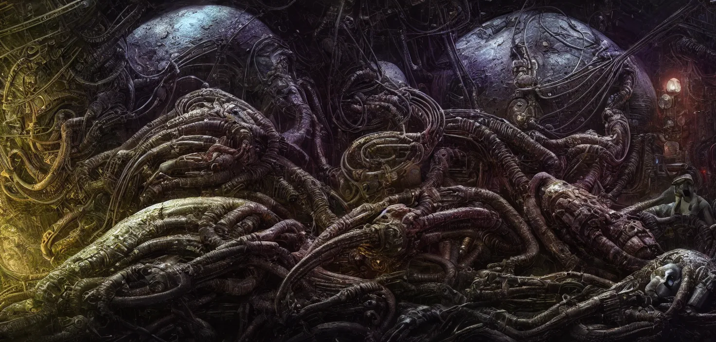 Image similar to Prometheus hibernation capsule biological sci-fi environment set close-up, hibernation capsule close-up, in a nightmarish universe of odd forms and somber tapestry, HR Giger and Vincent Di Fate, vivid color scheme, featured in artstation, octane render, cinematic, elegant, intricate, 8k