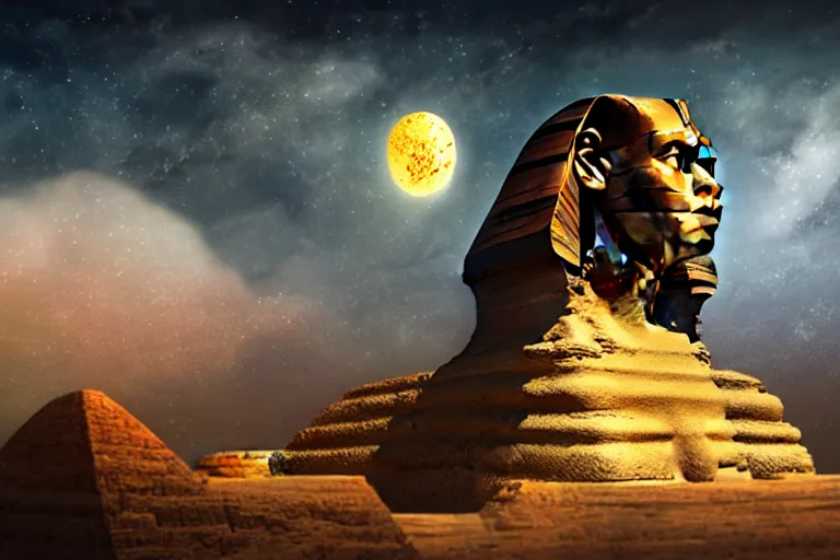 Prompt: sphinx guarding ancient tomb, illustration, chaotic, ancient, cosmic soul, gold and ebony, elden ring, cosmic night background, Phobos, volumetric lighting, soft lighting, soft details, painting oil on canvas by justin sweet and valentina remenar octane render, HDR, trending on artstation, 4k, 8k, HD