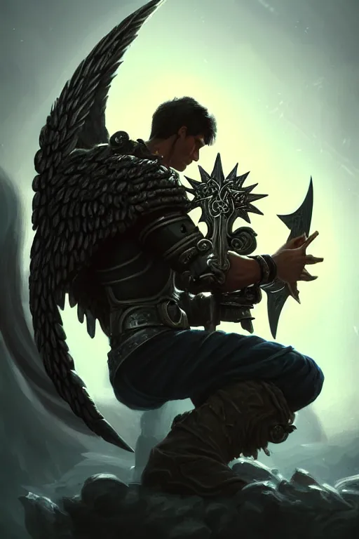 Prompt: blizzard art, portrait of fallen man angel kneeling with a sword and shield and wings, close-up, bokeh. dark art masterpiece artstation. 8k, sharp high quality illustration in style of Jose Daniel Cabrera Pena and Leonid Kozienko, concept art by Tooth Wu
