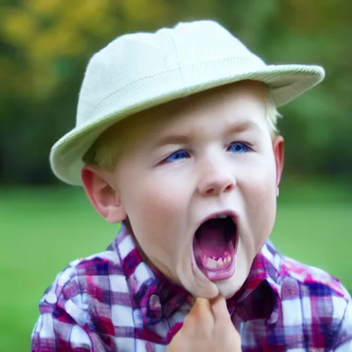 Image similar to blonde boy biting a hat