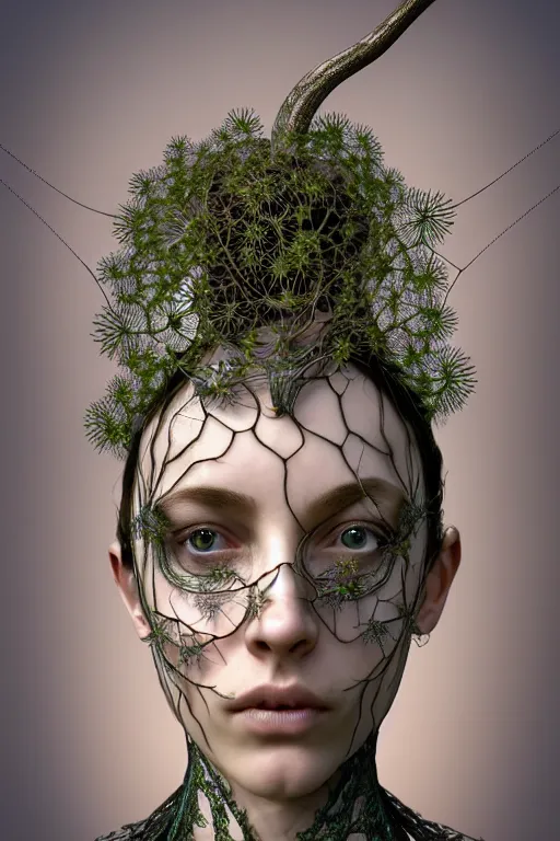 Prompt: intricate hyper detailed ultra sharp 3 d render of a witch profile close - up!!! portrait, art nouveau, alexander mcqueen, transparent fractal dandelion green ivy roots, moon in the background, intricate details, anatomical, flesh ornate, facial muscles, cable wires, elegant, hyper realistic, ultra detailed, octane render, volumetric cinematic lighting, 8 k post - production