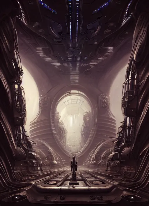 Image similar to wide angle shot of alien corridor cybertronic in a scenic dystopian environment, intricate, elegant, highly detailed, centered, digital painting, artstation, concept art, smooth, sharp focus, illustration, artgerm, tomasz alen kopera, peter mohrbacher, donato giancola, joseph christian leyendecker, wlop, boris vallejo