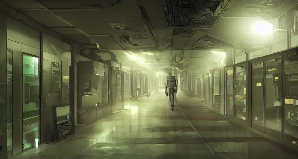 Prompt: Sci-fi wallpaper of a futuristic hospital corridor, close-up view, point-and-click adventure game, cinematic, concept art