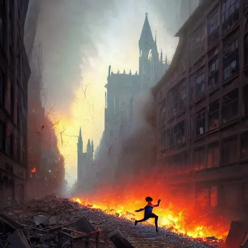 Prompt: a close view of a jewish rabi running away!!!, city of munich destroyed by a meteor!!!, rubble!!, fires!! hyperrealistic, highly detailed, cinematic, foggy light from fires, beautiful, cgssociety, artstation, 8 k, oil painting by greg rutkowski, by artgerm, by wlop