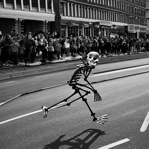 Image similar to A skeleton winning a marathon, award winning photograph
