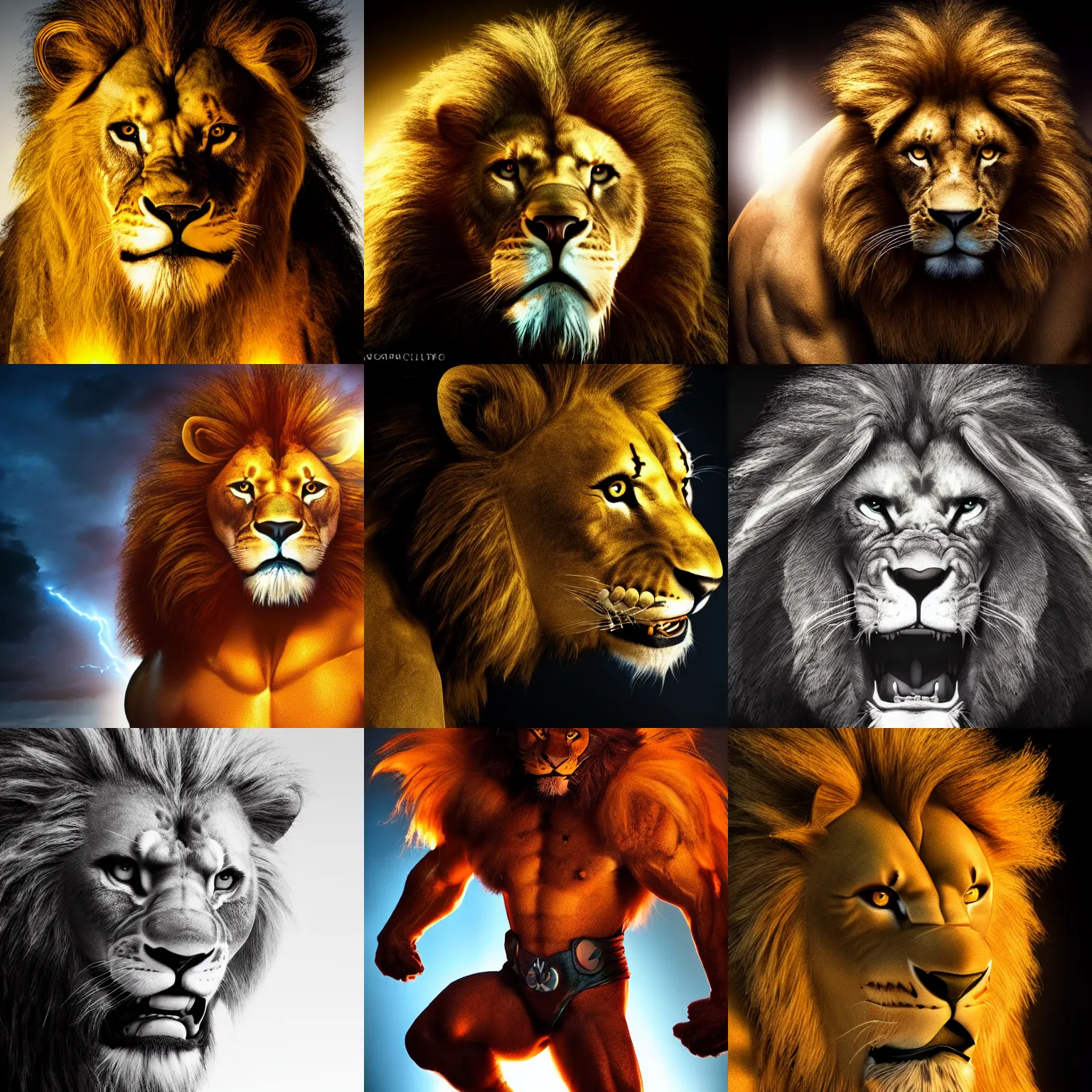 Prompt: realistic photography, dramatic studio lighting backlit, portrait of thundercats lion - o