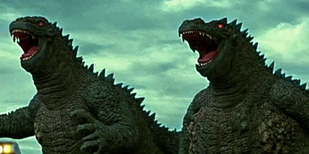 Prompt: a still from a movie, godzilla with human teeth being an idiot and laughing at a joke, real, weird, strange, funny