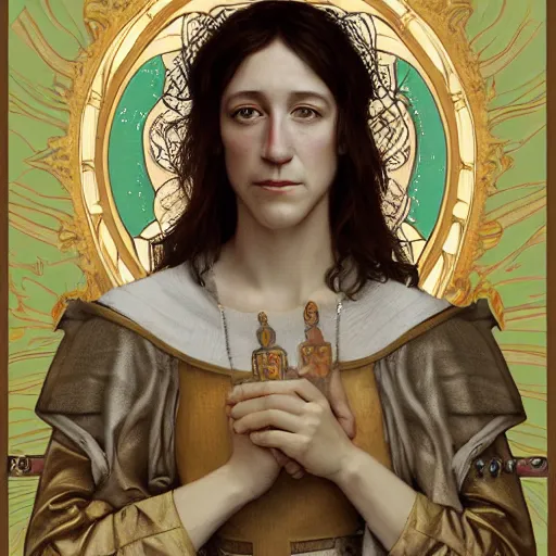 Image similar to portrait of charlotte gainsbourg as joan of arc, hyperreal digital painting, iconography influenced by alphonse mucha and eugene delacroix, arstation and deviantart trends, high resolution 8 k