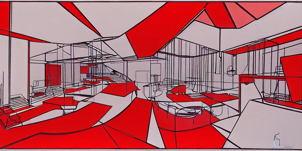 Prompt: modernist interior, seen from above, by René Laloux, line brush, thick lines, red, plain background