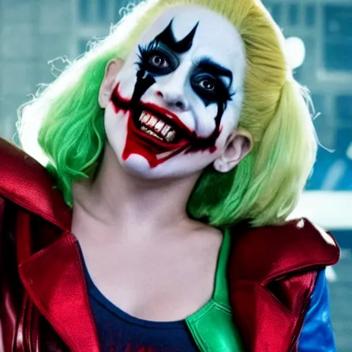 Prompt: film still of Lady Gaga as Harley Quinn in the new Joker movie