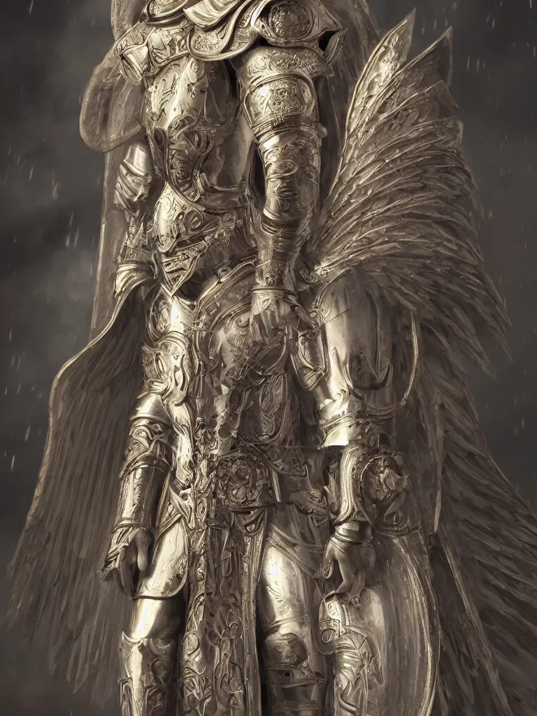 Image similar to a full body standing male divine and rogynous gorgeous, with a white gold angelic armor, vertical portrait, symmetrical face, symmetrical, dark epic, roman toga, cinematic lighting, heaven background, concept art, highly detailed, photorealistic, 4 k, mist, octane render, unreal engine, hyper detailed, volumetric lighting, trending on artstation.