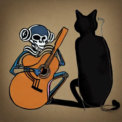 Image similar to skeleton wearing headphones watching girl playing guitar with her black cat standing next to her, digital art