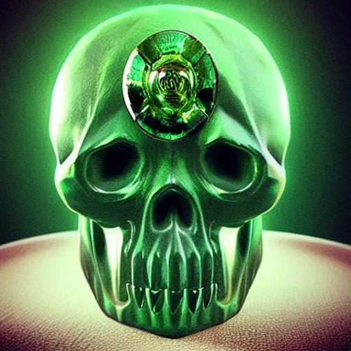 Prompt: “ artstation high detail horrifying green skull floating over golden cubes 4 k realistic ”