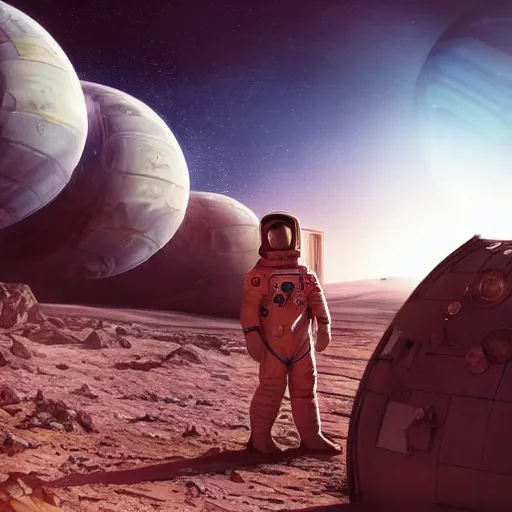 Image similar to extreme long shot of a soviet cosmonaut in mars, mets aliens cordially peacefully, cccp international space station in the background, sovietwave aesthetic, sci fi, soviet futurism, socialist realism, volumetric lighting, ultra detailed, hyperrealistic, photoshopped, octane render, 8 k, high resolution