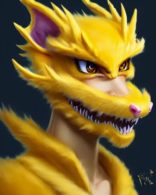 Prompt: character concept art of a cute young male anthropomorphic yellow dragon furry | | cute - fine - face, pretty face, key visual, realistic shaded perfect face, fine details by stanley artgerm lau, wlop, rossdraws, james jean, andrei riabovitchev, marc simonetti, and sakimichan, trending on artstation