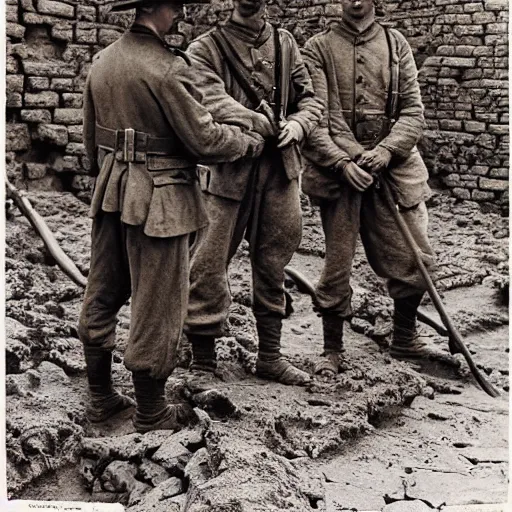 Image similar to ultra detailed photorealistic sepia - toned photograph from 1 9 1 7, three british soldiers standing at an archaeological dig site in wadi rum, ultra realistic, painted, intricate details, lovecraft, atmospheric, dark, horror, brooding, highly detailed, by clyde caldwell