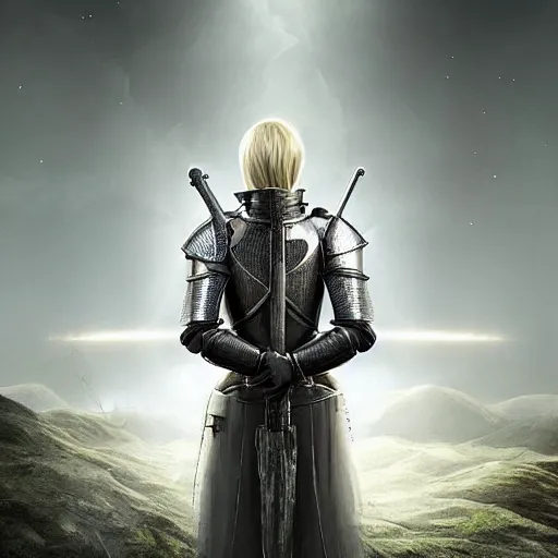 Image similar to female knight in the wild nature, dressed, blonde hair, symmetry, sci - fi, dark fantasy light, perfect composition, 4 k, ultra hd, sense of awe, highly detailed, realistic, intricate, created by wayne barlowe