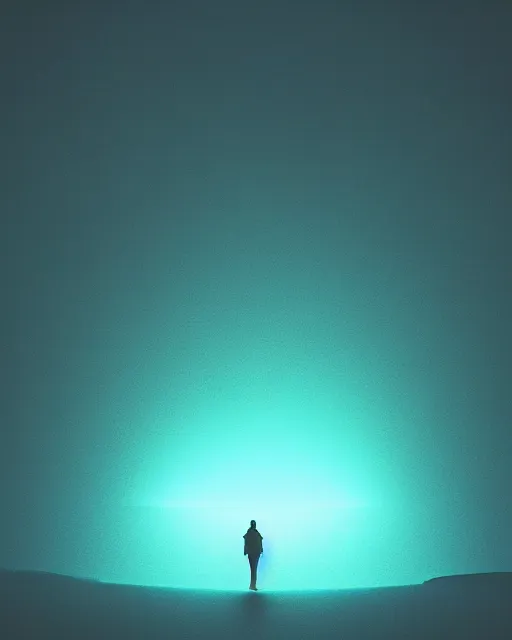 Image similar to a man standing in the middle of a mountain looking at a glowy shape, a render by filip hodas, behance contest winner, environmental art, rendered in cinema 4 d, volumetric lighting