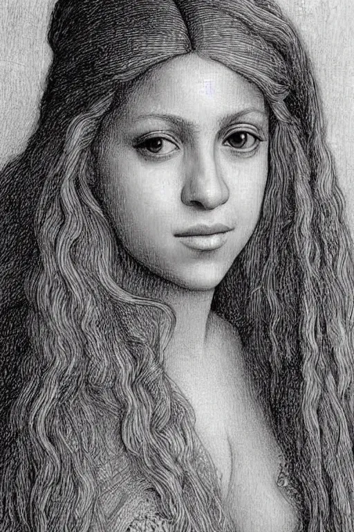 Image similar to a portrait of shakira in the style of leonardo da vinci drawing,, single head, no double head,