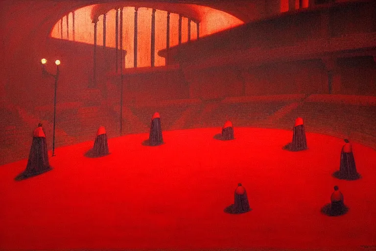 Image similar to only with red, a red great emperor, taormina amphitheatre, expressive crowd hails him, in the style of beksinski, parts by edward hopper, parts by rodcenko, parts by yue minjun, intricate and epic composition, red by caravaggio, insanely quality, highly detailed, masterpiece, red light, artstation, 4 k