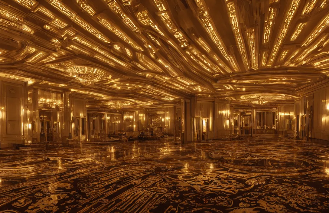 Image similar to photo of an art-deco imperial palace interior, dramatic lighting