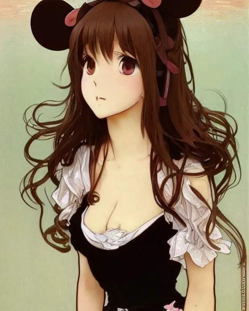 Image similar to A cute frontal painting of a very very beautiful anime skinny mousegirl with long wavy brown colored hair and small mouse ears on top of her head wearing a cute black dress and black shoes looking at the viewer, elegant, delicate, feminine, soft lines, higly detailed, smooth , pixiv art, ArtStation, artgem, art by alphonse mucha Gil Elvgren and Greg rutkowski, high quality, digital illustration, concept art, very long shot, game character