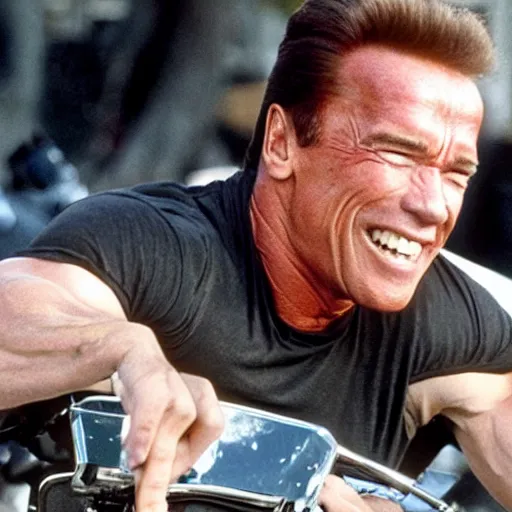 Image similar to arnold schwarzenegger joyfully devouring a motorcycle piece by piece